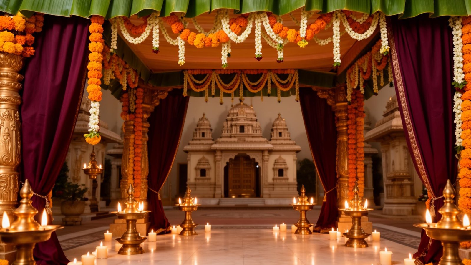 Traditional South Indian mandap dressed with marigold, jasmine and brass lamps
